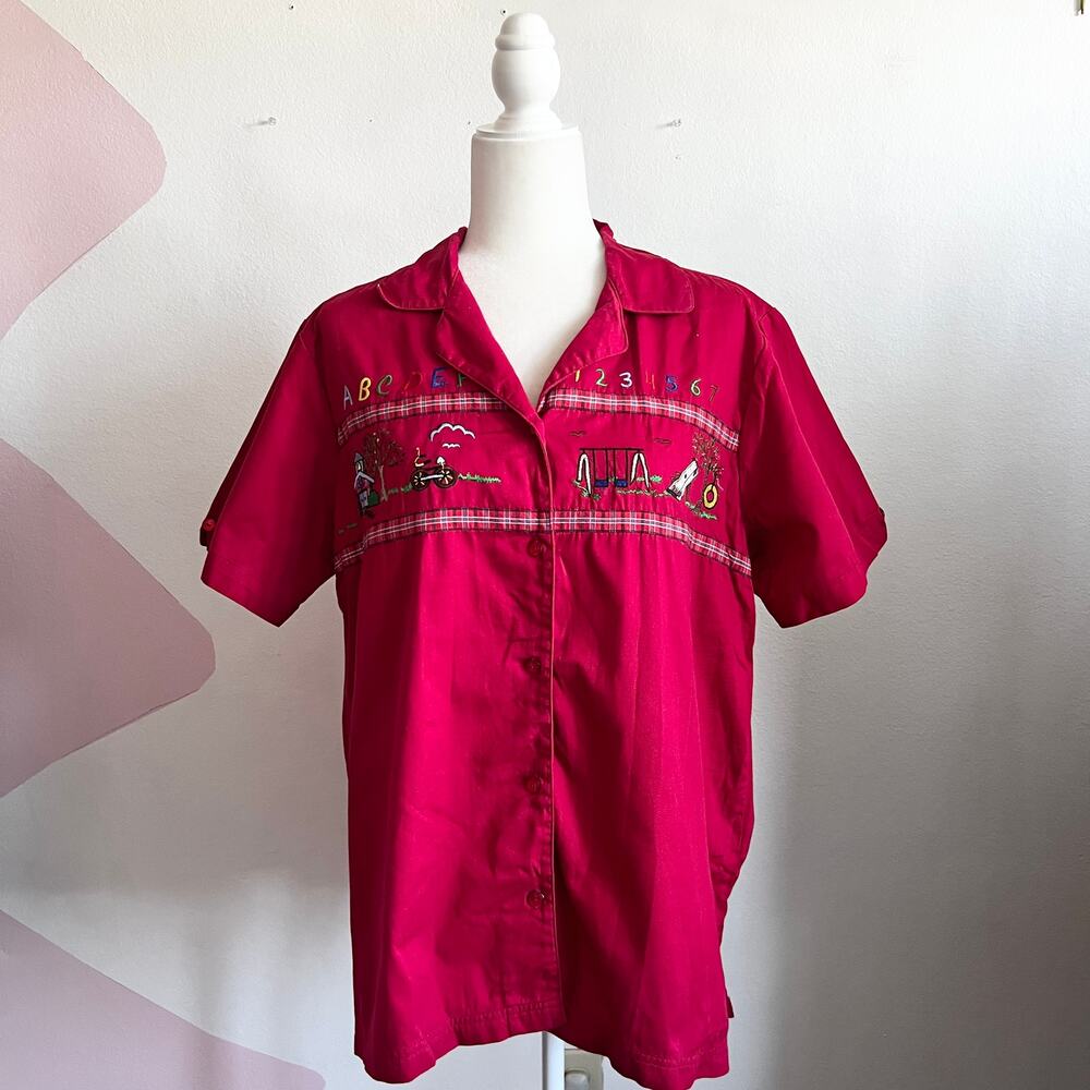 Bobbie Brooks Red Teacher‎ Embroidered Shirt, Whimsical Retro Vintage 14W/18W